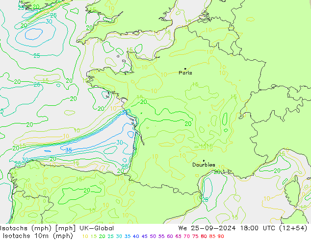 Isotachen (mph) UK-Global wo 25.09.2024 18 UTC