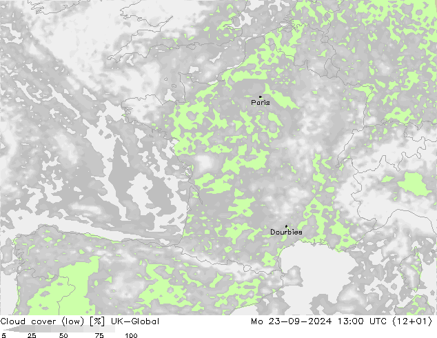 Cloud cover (low) UK-Global Mo 23.09.2024 13 UTC