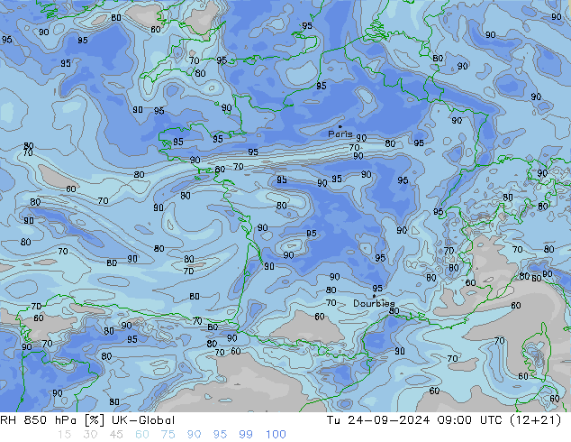 RH 850 hPa UK-Global wto. 24.09.2024 09 UTC