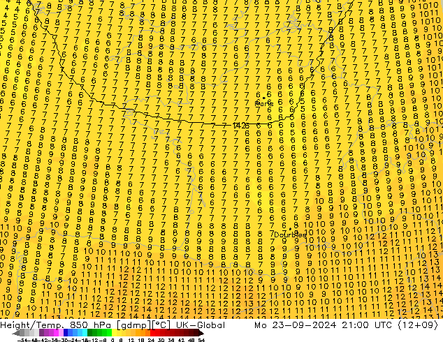 Height/Temp. 850 hPa UK-Global Mo 23.09.2024 21 UTC