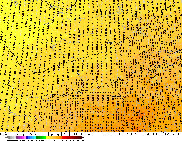 Height/Temp. 850 hPa UK-Global Th 26.09.2024 18 UTC