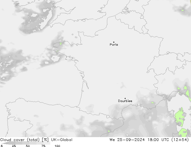 Cloud cover (total) UK-Global We 25.09.2024 18 UTC