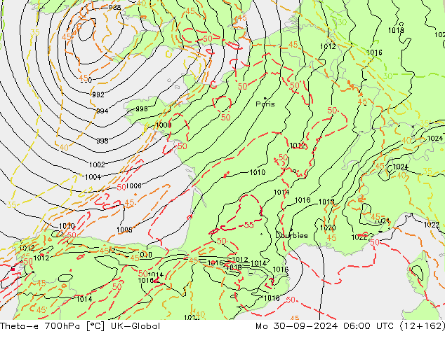 Theta-e 700hPa UK-Global lun 30.09.2024 06 UTC