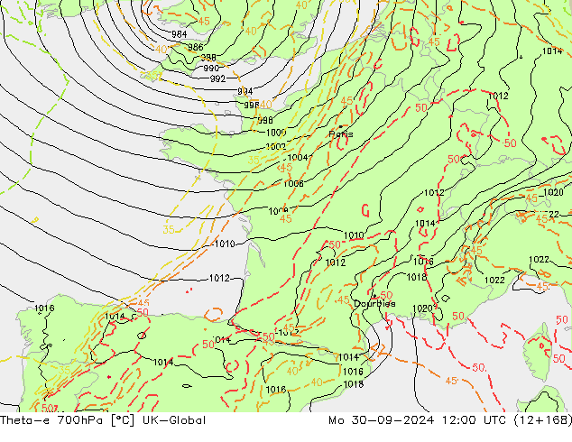 Theta-e 700hPa UK-Global Mo 30.09.2024 12 UTC