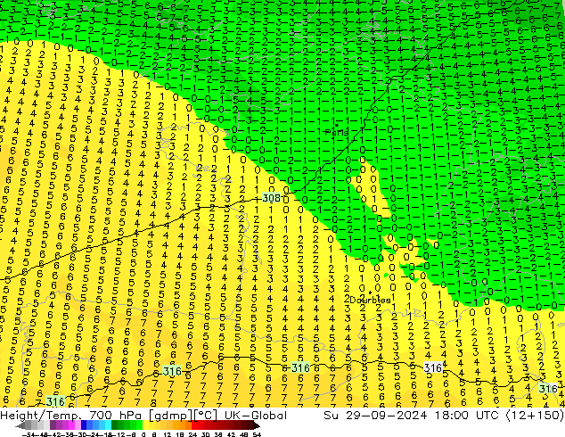 Height/Temp. 700 hPa UK-Global Su 29.09.2024 18 UTC