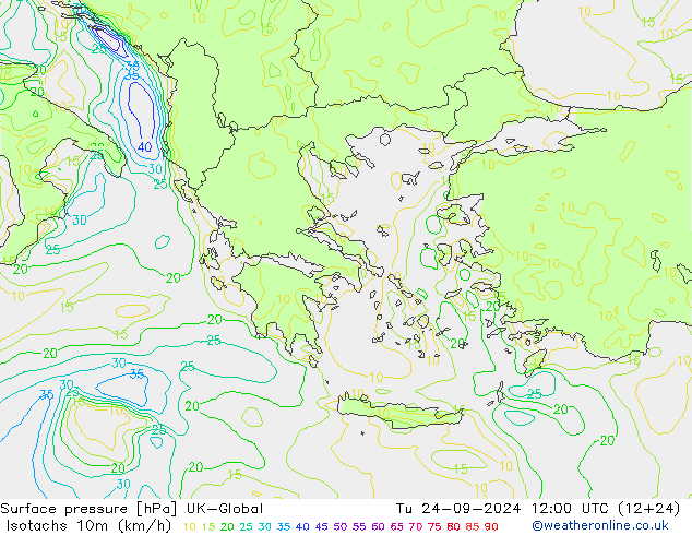 Isotachs (kph) UK-Global вт 24.09.2024 12 UTC