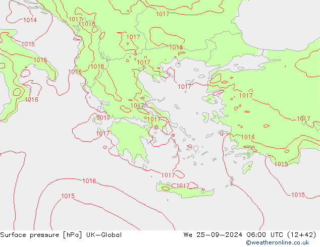 Pressione al suolo UK-Global mer 25.09.2024 06 UTC