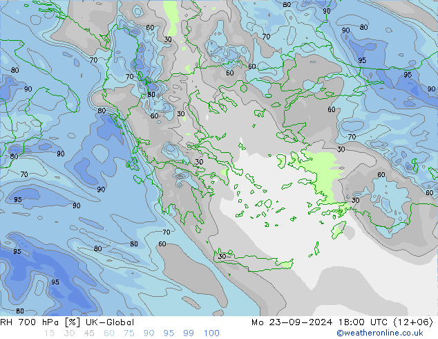 Humidité rel. 700 hPa UK-Global lun 23.09.2024 18 UTC