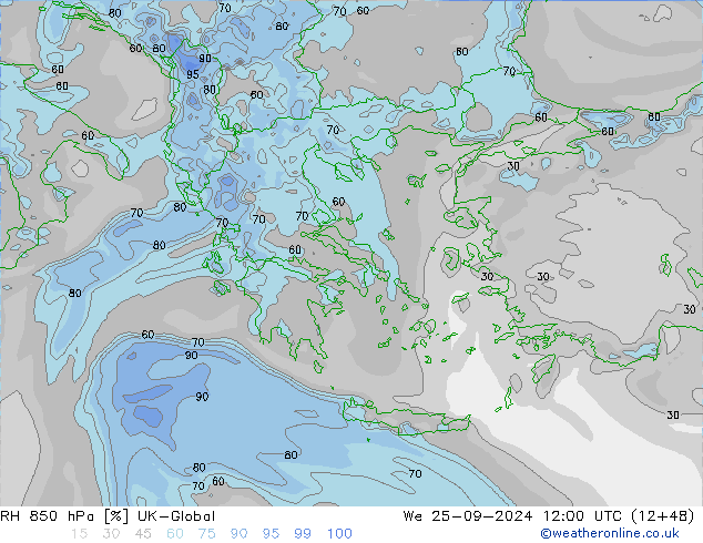 RH 850 hPa UK-Global  25.09.2024 12 UTC