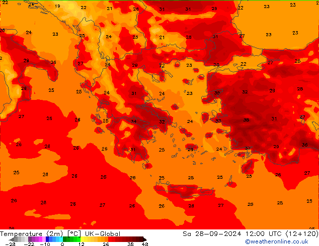 Temperaturkarte (2m) UK-Global Sa 28.09.2024 12 UTC