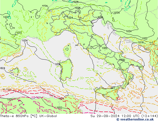 Theta-e 850гПа UK-Global Вс 29.09.2024 12 UTC