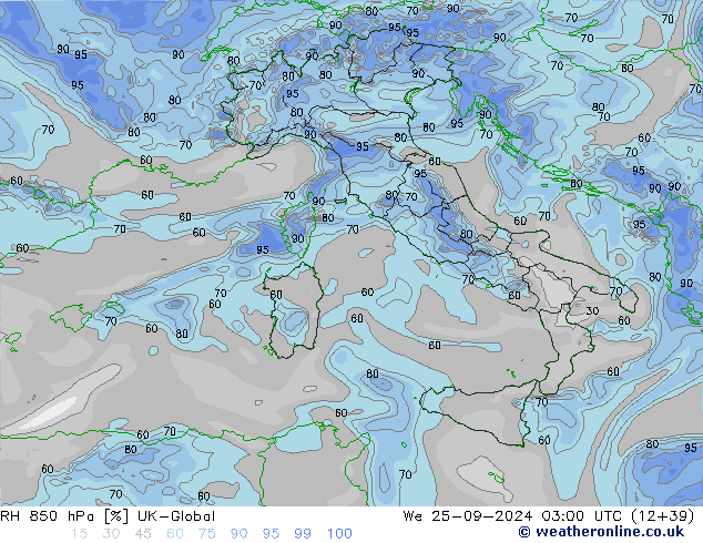 Humidité rel. 850 hPa UK-Global mer 25.09.2024 03 UTC