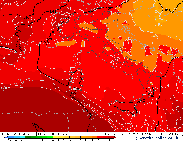 Theta-W 850гПа UK-Global пн 30.09.2024 12 UTC