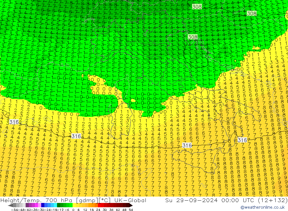 Height/Temp. 700 hPa UK-Global  29.09.2024 00 UTC