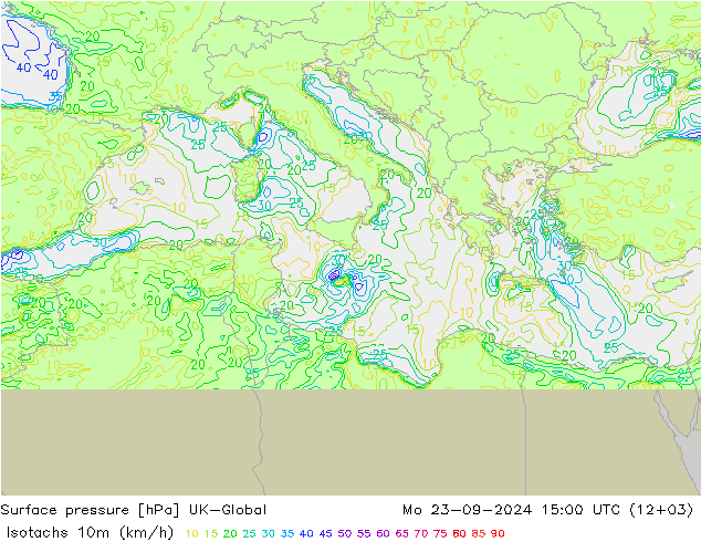 Isotachs (kph) UK-Global lun 23.09.2024 15 UTC