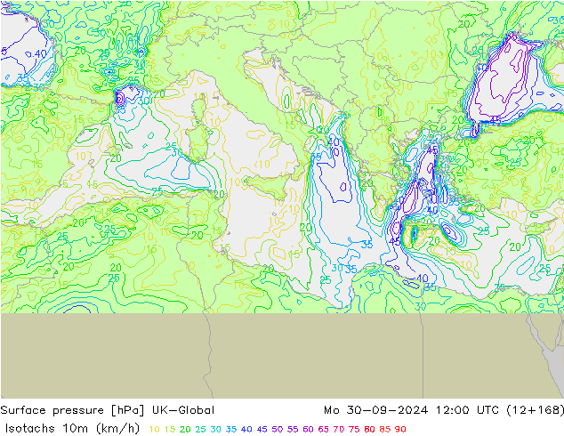 Isotachs (kph) UK-Global lun 30.09.2024 12 UTC