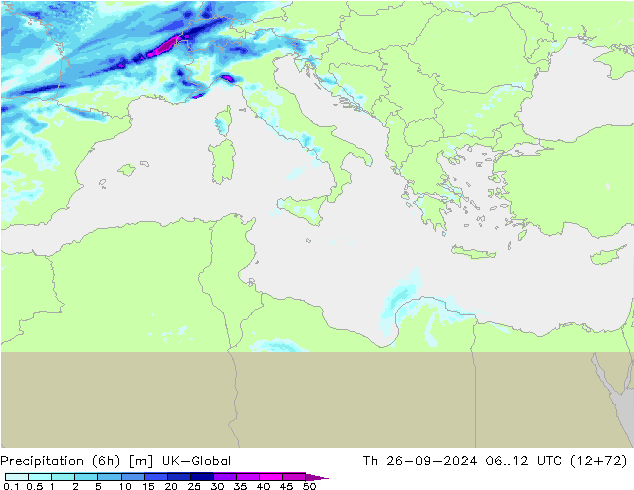 Precipitation (6h) UK-Global Th 26.09.2024 12 UTC