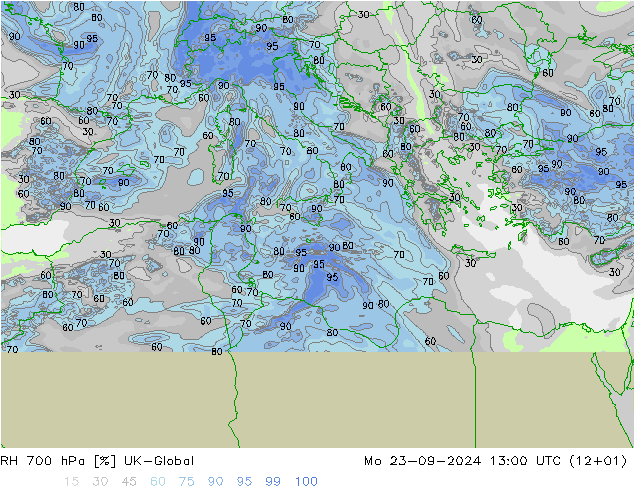 Humidité rel. 700 hPa UK-Global lun 23.09.2024 13 UTC