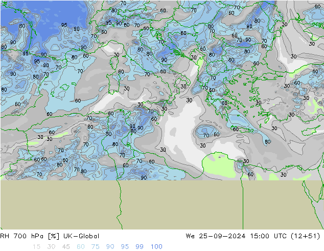 RH 700 гПа UK-Global ср 25.09.2024 15 UTC