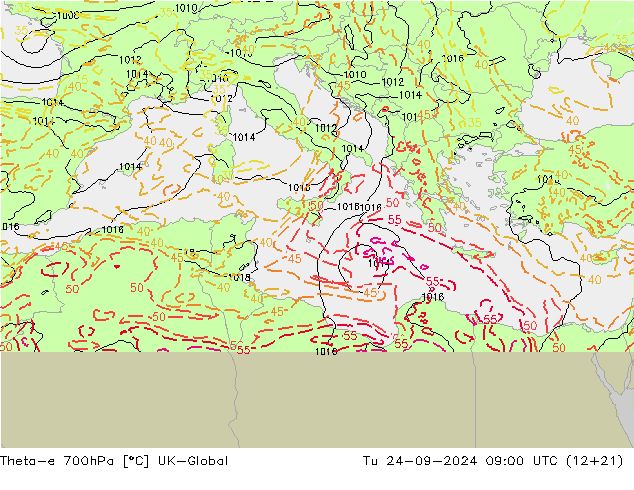Theta-e 700hPa UK-Global Tu 24.09.2024 09 UTC