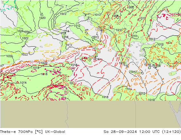 Theta-e 700hPa UK-Global  28.09.2024 12 UTC