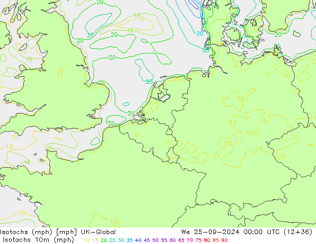 Isotachs (mph) UK-Global mer 25.09.2024 00 UTC