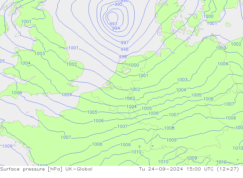 Surface pressure UK-Global Tu 24.09.2024 15 UTC