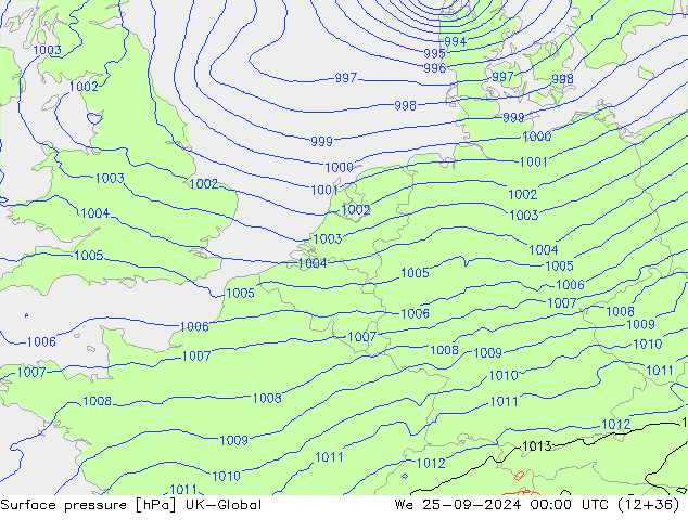 Pressione al suolo UK-Global mer 25.09.2024 00 UTC