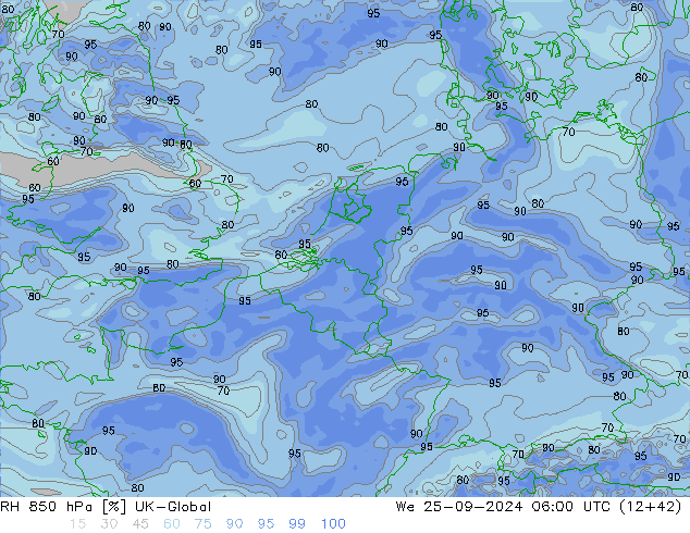 Humidité rel. 850 hPa UK-Global mer 25.09.2024 06 UTC