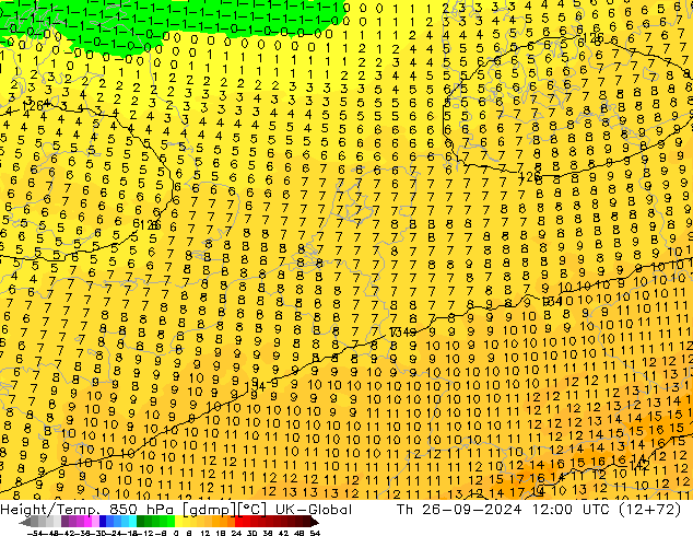 Height/Temp. 850 hPa UK-Global Th 26.09.2024 12 UTC