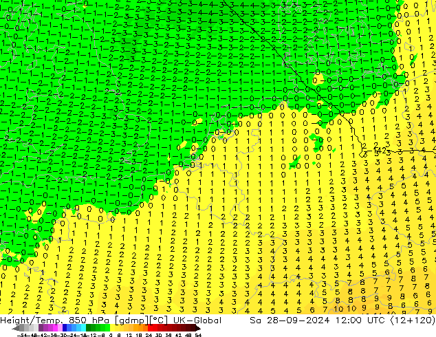 Height/Temp. 850 hPa UK-Global Sa 28.09.2024 12 UTC