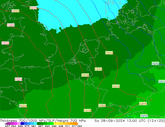 Espesor 700-1000 hPa UK-Global sáb 28.09.2024 12 UTC