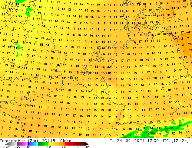 Temperature (2m) UK-Global Tu 24.09.2024 12 UTC