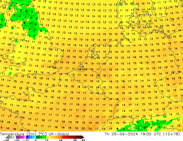 Sıcaklık Haritası (2m) UK-Global Per 26.09.2024 18 UTC