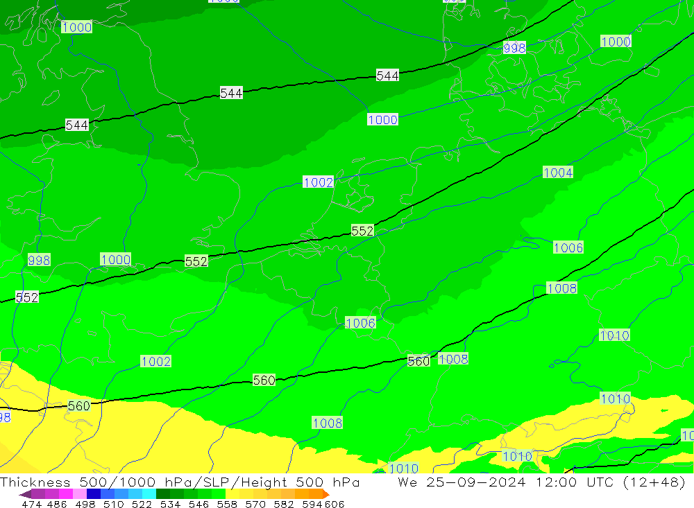 Thck 500-1000hPa UK-Global śro. 25.09.2024 12 UTC