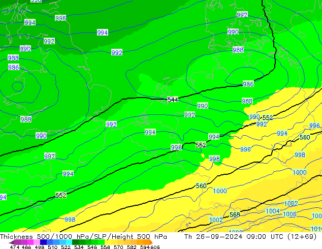 Schichtdicke 500-1000 hPa UK-Global Do 26.09.2024 09 UTC