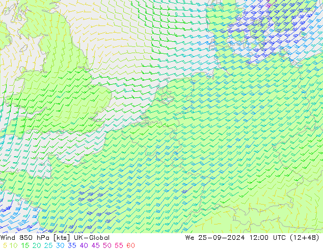 Viento 850 hPa UK-Global mié 25.09.2024 12 UTC