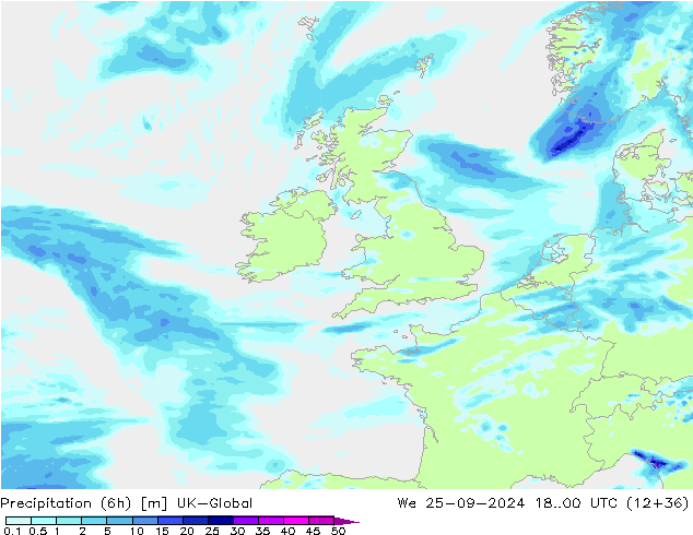 Totale neerslag (6h) UK-Global wo 25.09.2024 00 UTC