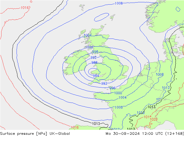 Surface pressure UK-Global Mo 30.09.2024 12 UTC