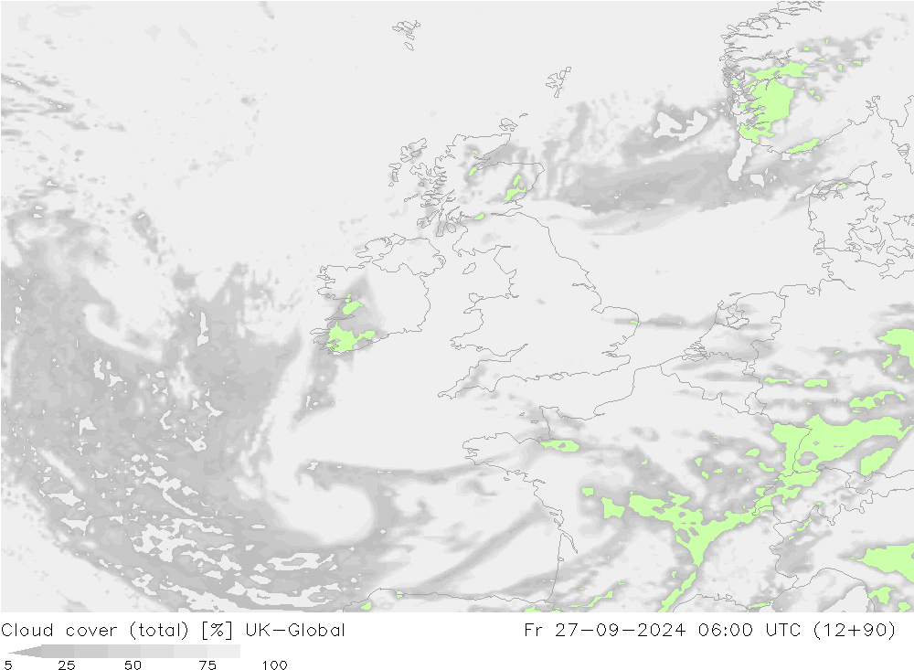 Cloud cover (total) UK-Global Fr 27.09.2024 06 UTC