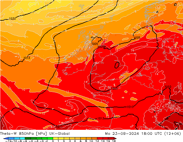 Theta-W 850hPa UK-Global pon. 23.09.2024 18 UTC