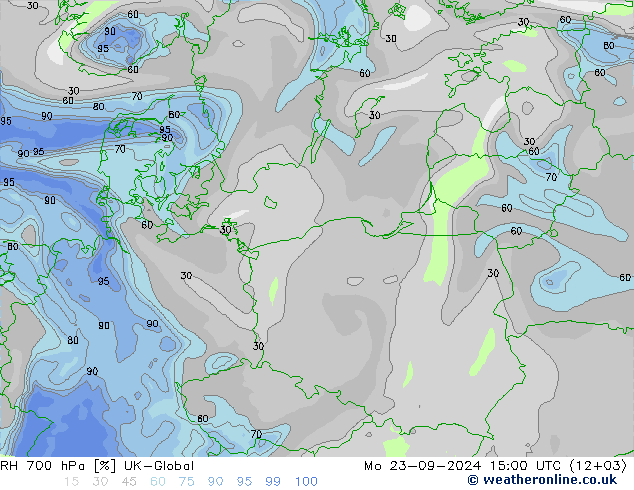 RH 700 hPa UK-Global Mo 23.09.2024 15 UTC