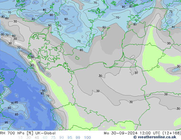 RH 700 гПа UK-Global пн 30.09.2024 12 UTC