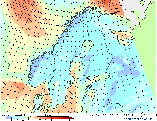 Surface wind (bft) UK-Global Sa 28.09.2024 18 UTC