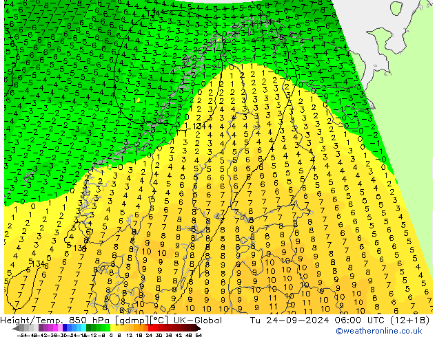 Height/Temp. 850 hPa UK-Global mar 24.09.2024 06 UTC