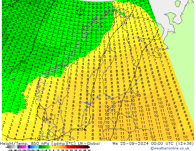 Height/Temp. 850 hPa UK-Global St 25.09.2024 00 UTC