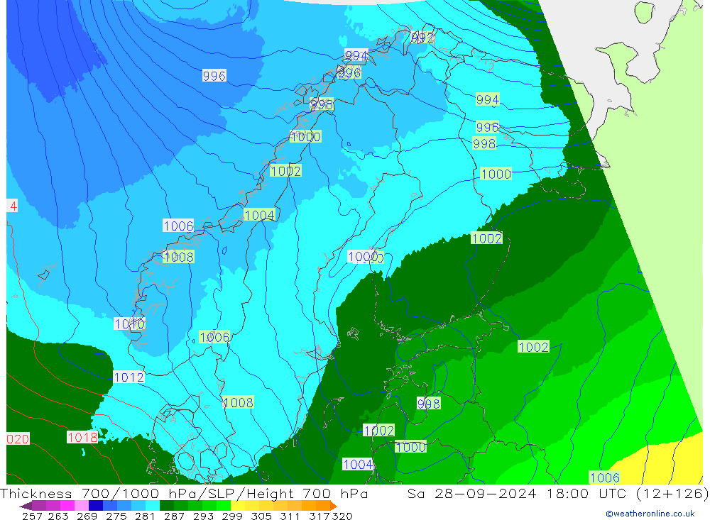 700-1000 hPa Kalınlığı UK-Global Cts 28.09.2024 18 UTC