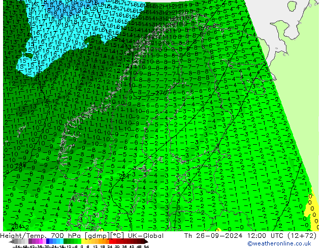 Height/Temp. 700 hPa UK-Global Th 26.09.2024 12 UTC