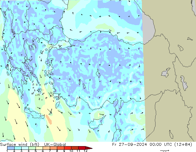 Vent 10 m (bft) UK-Global ven 27.09.2024 00 UTC