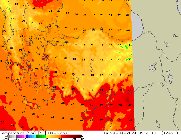Sıcaklık Haritası (2m) UK-Global Sa 24.09.2024 09 UTC